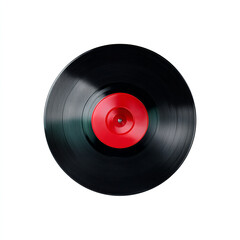Fototapeta premium Classic black vinyl record with red label and glossy grooves isolated on transparent background. isolated white background