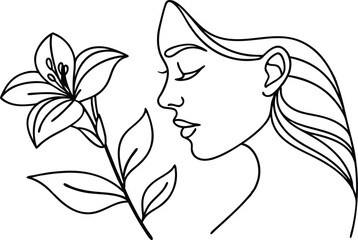 Minimalist Line Art Woman With A Flower Simple Beauty Vector Illustration