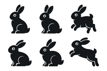 Vector Illustration Featuring Six Black And White Rabbit Icons In Different Poses,Great For Easter Or Animal Themed Designs