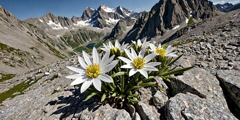 wallpaper depicting edelweiss with the snow-capped Swiss Alps in the background.