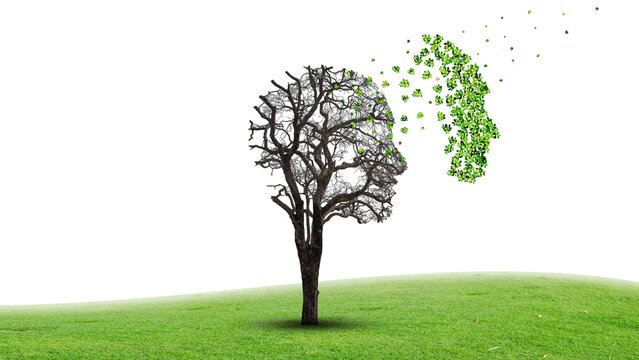 Dementia disease coping with Alzheimer's illness as a medical icon of a tree in the shape of a front view human head and brain losing leaves as aging challenges in intelligence and memory loss.