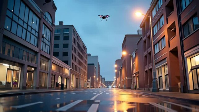 Quadcopter drone taking off from wet asphalt in an urban street at night