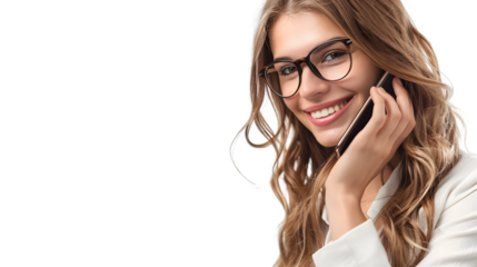 Professional businesswoman in office smiling while on phone call, isolated on white background for corporate communication concept