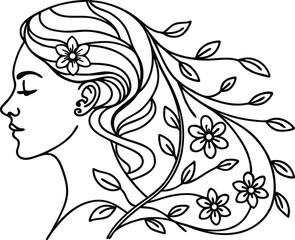 Elegant Line Art Of Woman With Floral Hair Vines And Flower Adornment