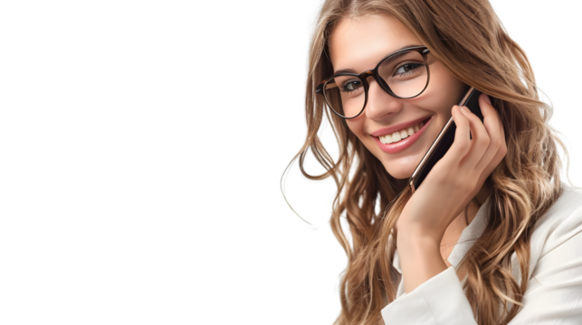 Professional businesswoman in office smiling while on phone call, isolated on white background for corporate communication concept