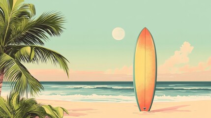 Summer Beach Surfboard Sunset Palm Trees Ocean Waves Tropical Vacation Idyllic Coastal Scene Peaceful Relaxing Holiday Paradise Beachfront Calm Sea   