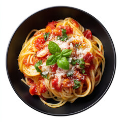 Spaghetti with tomato sauce parmesan cheese and basil in black bowl isolated on transparent background. isolated white background