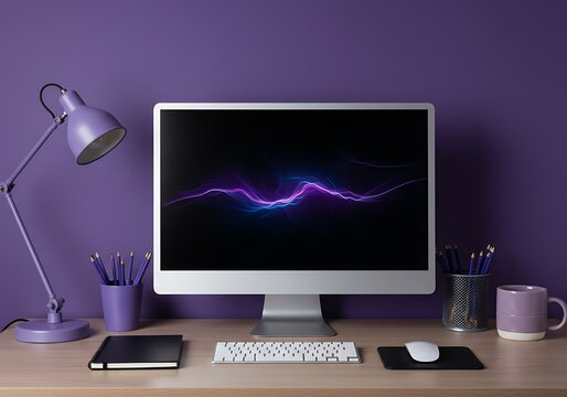 Computer setup with lamp and stationery on a desk against purple wall