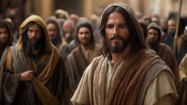 Jesus speaks to a crowd in ancient Jerusalem about faith, love, and community during a significant moment in Christianity