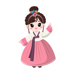 A cute girl wearing a pink hanbok, a traditional Korean dress