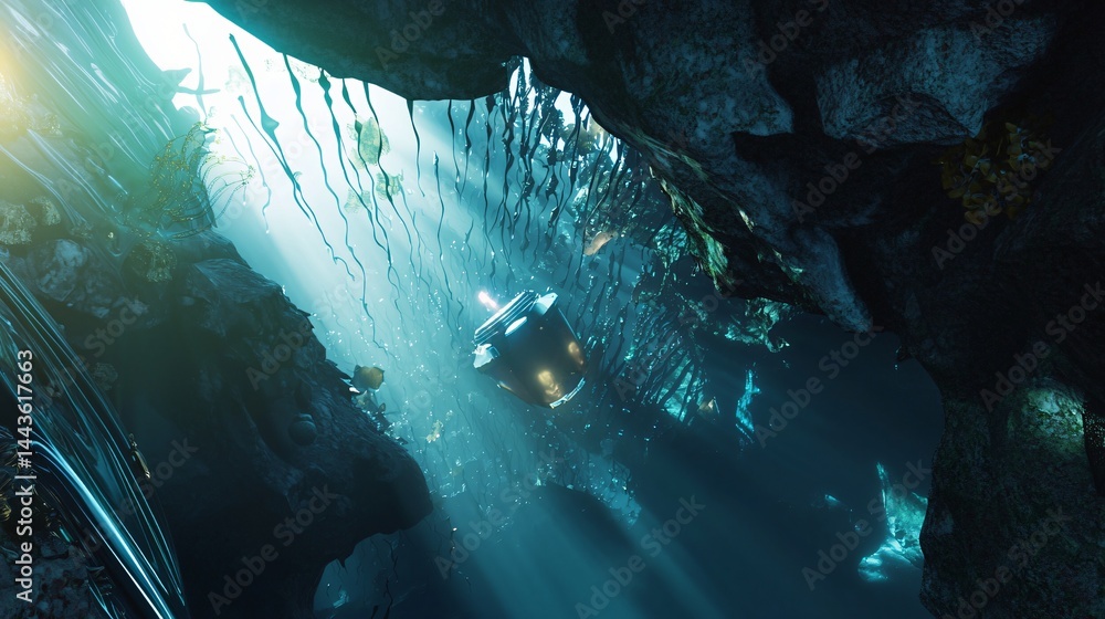 Poster enigmatic cave illuminated by natural light filtering through the water creating a mesmerizing under