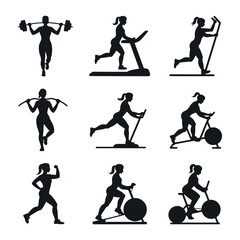 Woman Fitness Training Exercise Gym Equipment Silhouette Set Cardio Workout Barbell Stationary Bike Treadmill Elliptical Machine Runner