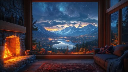 Cozy room interior with fireplace and large window overlooking snowy mountains at dusk.