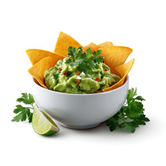 Bowl of guacamole with tortilla chips isolated on transparent background. isolated white background