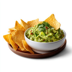 Bowl of guacamole with tortilla chips isolated on transparent background. isolated white background