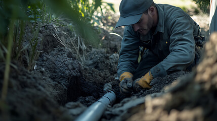Worker Installing Underground Pipeline