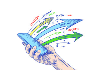 Fototapeta premium Open hand giving or receiving. Hologram of boosting arrows or graph chart. Vector clipart illustration. Teamwork, work efficiency, symbolizing startup. Line and Ink sketch. Hand drawn Vintage style. 
