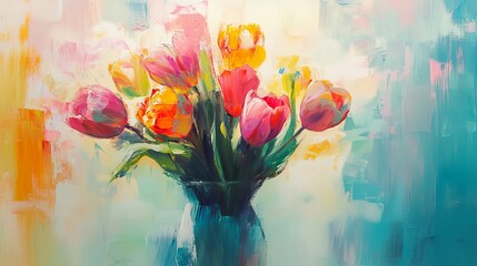 Vibrant Colorful Tulips in a Teal Vase Spring Floral Oil Painting Modern Art Impressionistic Style Bright Hues Botanical Artwork Beautiful Flowers    