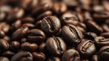 Fototapeta premium Extreme close-up macro shot pile of dark roasted coffee beans showing rich texture, shallow depth of field, warm soft light