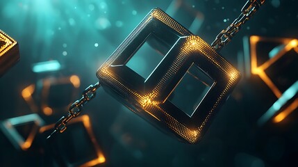 High tech blockchain network with glowing data blocks in digital landscape image