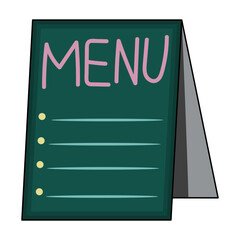 A blackboard-shaped menu sign that looks like it was written with colorful chalk