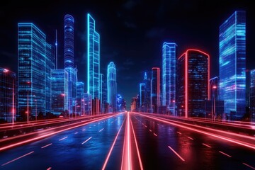 Futuristic city skyline at night, with neon lines outlining buildings  Road with glowing light trails
