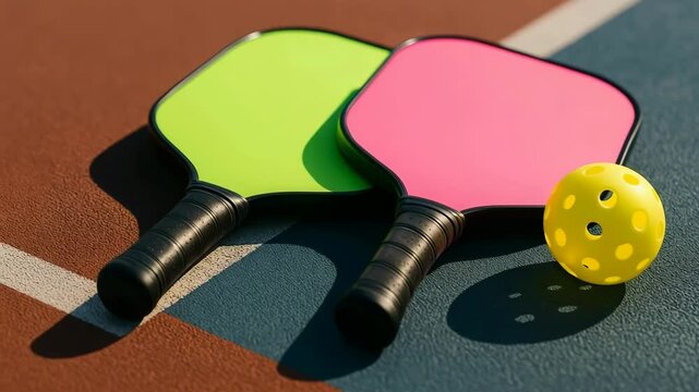 Pink and lime green pickleball paddles lie on the court next to a yellow ball
