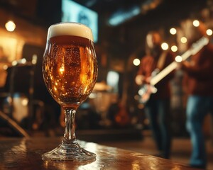 Naklejka premium A beer glass in focus on a rustic wooden table, with musicians in the background softly out of focus