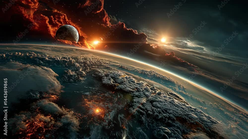 Poster dramatic sci-fi scene of a planet viewed from space with glowing clouds and moon in dark sky.