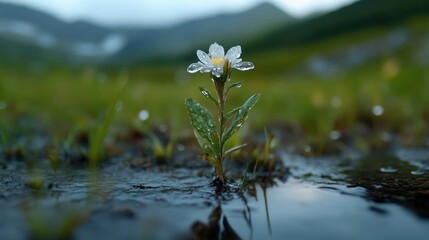 Delicate mountain flower in a puddle