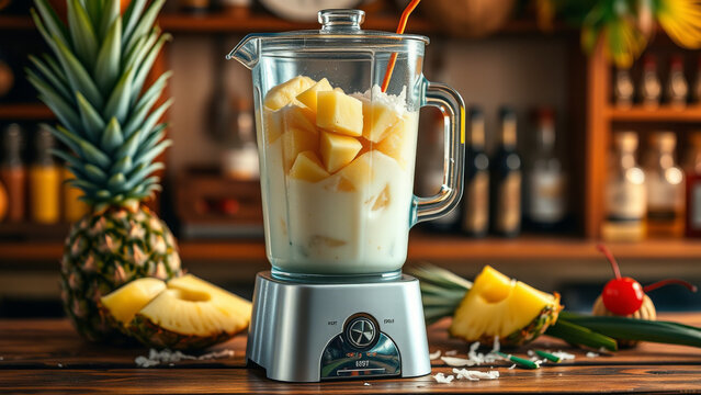 Medium shot of blender jar filled with fresh pineapple chunks and coconut milk for tropical smoothie or pina colada, set on wooden counter, bar background - Powered by Adobe