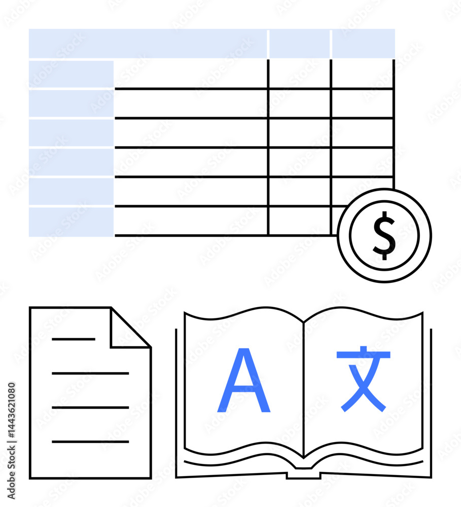 Poster spreadsheet grid with dollar sign, text document, and open book with multilingual characters. ideal 