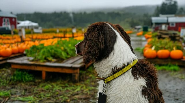 Wet springer spaniel at an outdoor pumpkin patch looks towards forested hills on a cloudy day in autumn