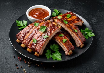 Barbecue ribs with sauce and parsley on a plate