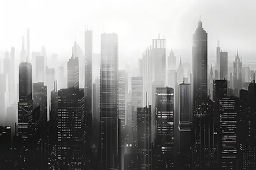 Foggy urban skyline featuring tall skyscrapers in shades of gray creating mysterious