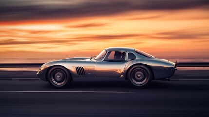 Silver classic car drives on road with sunset background reflecting on body.