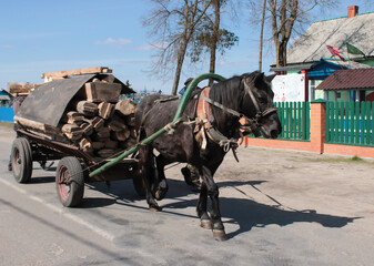 A horse pulling a cart with a load