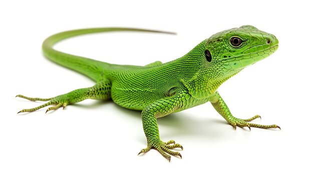 Green lizard with scaly body on white background