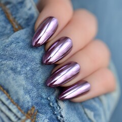 Close-up of a woman's hand with long nails painted in metallic mirrored lilac polish, showcasing a sleek and modern nail design.