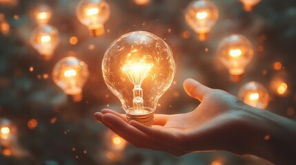 Hand holding glowing lightbulb with other lightbulbs in the background.