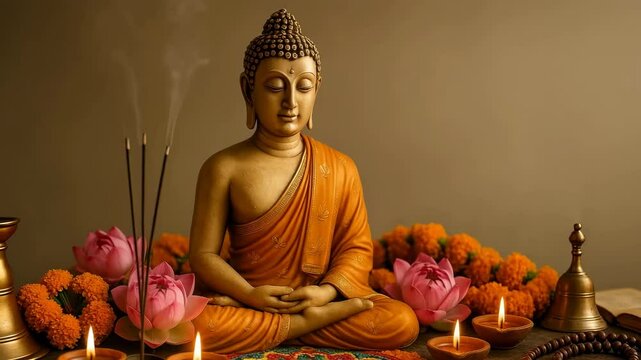 Serene Buddha statue in meditation pose, surrounded by lotus flowers, marigold flowers, candles and incense sticks, creating a peaceful atmosphere