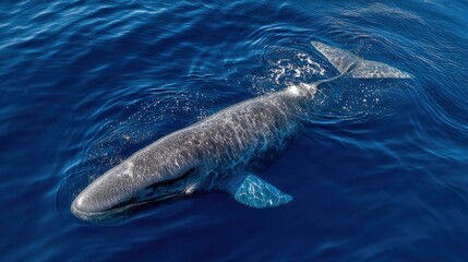 Naklejka premium Aerial View of a Pygmy Right Whale Swimming in Deep Blue Ocean