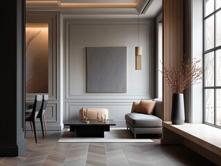 Aesthetic beautiful elegant  modern luxury interior design. Clear mock up empty wall for decoration in the apartment, painting frame. Copy space in the room.