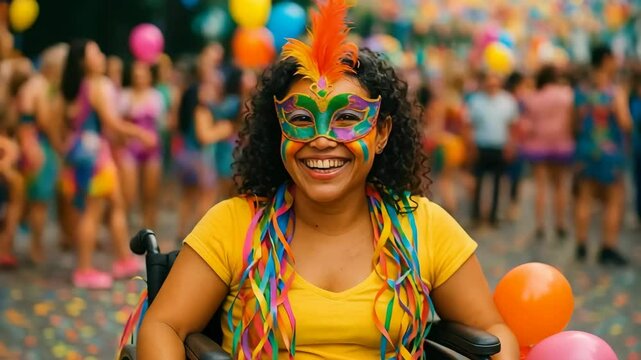 Portrait of a cheerful woman in a wheelchair enjoying the Brazilian Carnival festivities