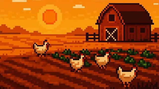 Animated pixel art chickens walking in a farm at sunset