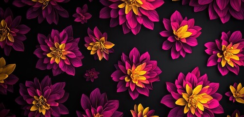 Minimalist floral patterns in vivid magenta and yellow tones, dynamically arranged across a sleek black canvas, radiating strength and vitality.