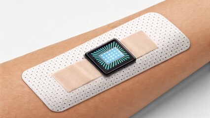 under 200 characters): A smart bandage with an embedded electronic sensor is attached to a person's arm, highlighting advanced health monitoring technology.