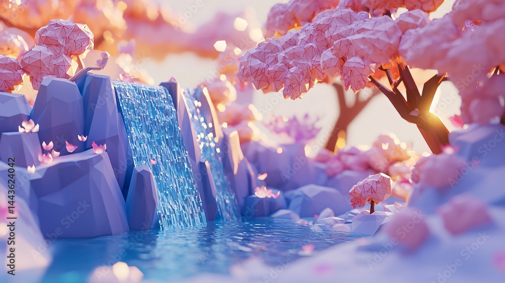 Aufkleber serene waterfall cascading through a lush park bathed in soft light diffusion creating a tranquil an
