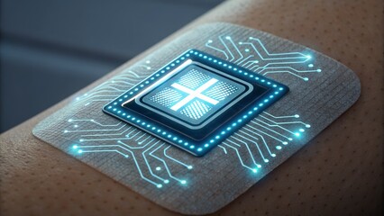 A futuristic electronic patch with glowing circuits is attached to human skin, suggesting advanced wearable health technology.