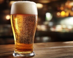 A focus on a beer glass resting on a wooden table, with the background softly blurred to emphasize the drink